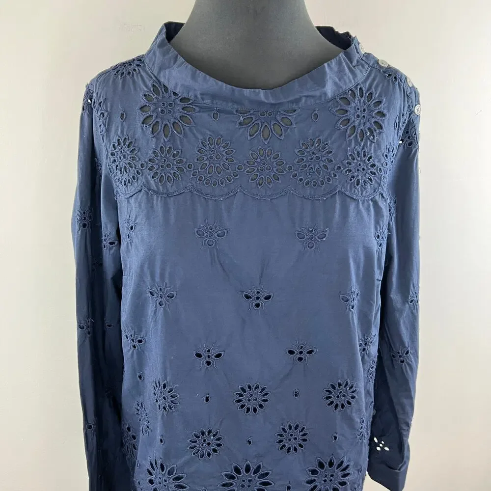 J Crew Navy Blue Eyelet FunnelNeck Mock Collar Cotton Long Sleeve Blouse Sz 12P